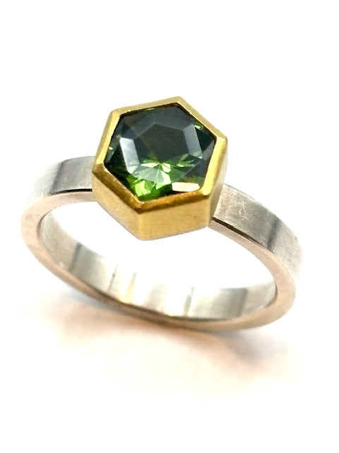 22kt/SS Gold Green Zircon Hexagon Ring