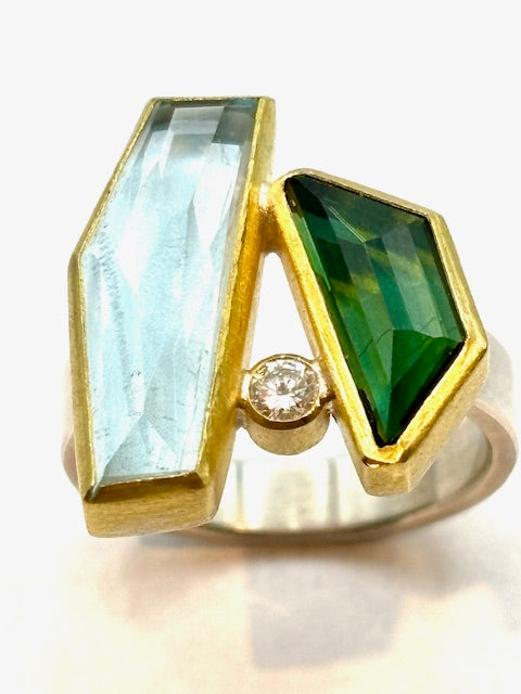 22kt/SS Geometric Aquamarine Tourmaline Diamond Ring