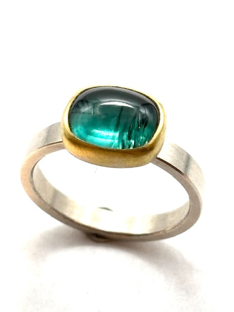 22kt/SS Gold Tourmaline Cushion Cabochon East West Ring