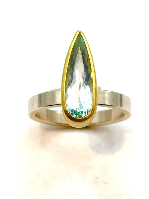 22kt/SS Aquamarine Long Drop Ring