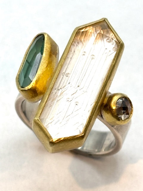 22kt/SS Quartz, Tourmaline and Diamond Engraved Ring