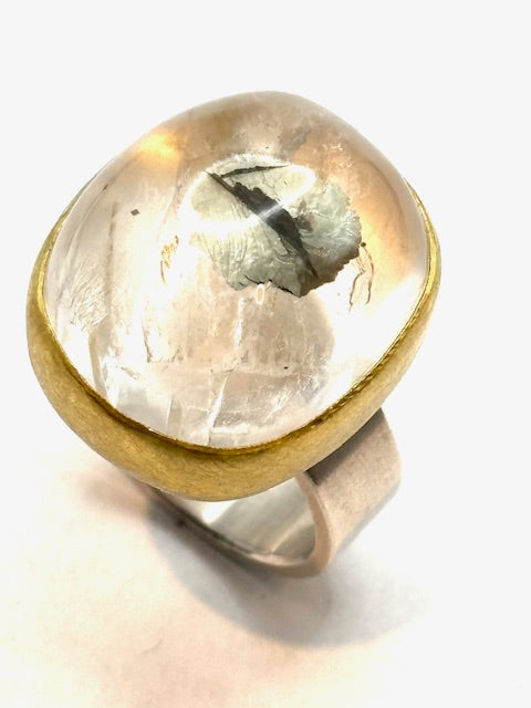 22kt/SS Pyrite inclusions in Quartz Oval Cabochon Ring