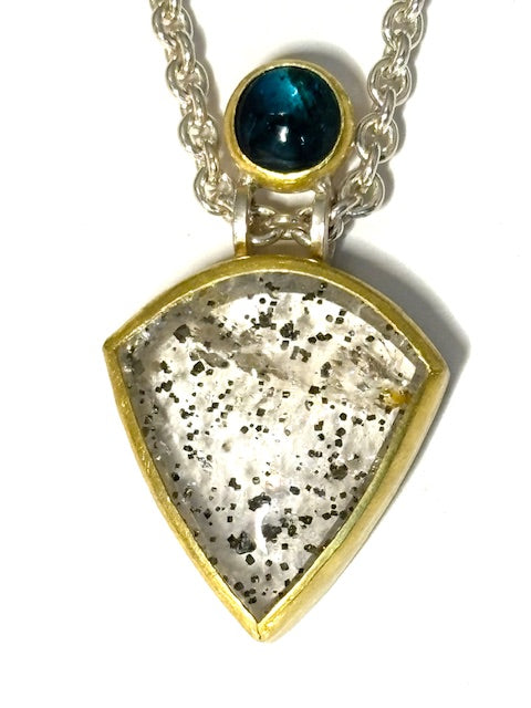 Pyrite Quartz and Blue Tourmaline Pendant 22k Gold/Sterling Silver 22k/SS