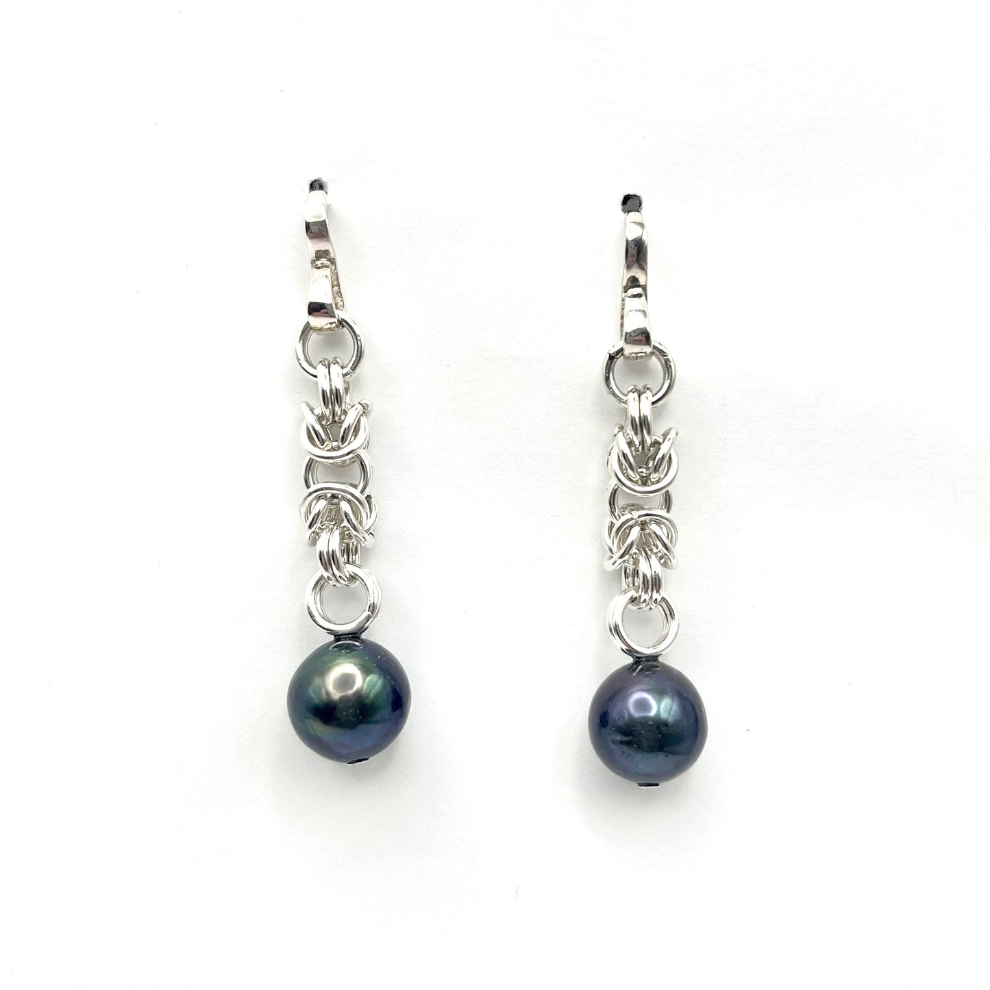 Sterling Silver Byzantine Chain Earrings with 11mm Freshwater Black Pearls, RE758.99, Reba Engel
