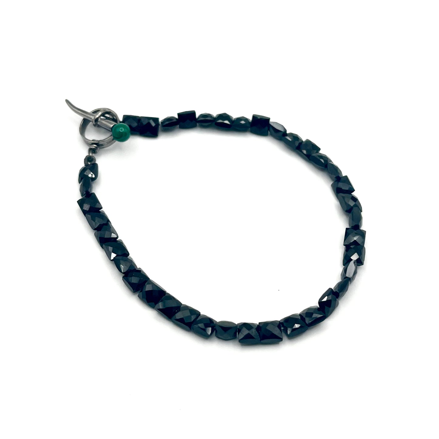 Black Spinel Bracelet with Black Rhodium Plated Sterling Silver Toggle and Malachite Accent, RE1731, Reba Engel