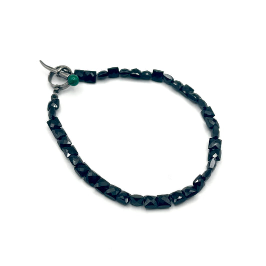 Black Spinel Bracelet with Black Rhodium Plated Sterling Silver Toggle and Malachite Accent, RE1731, Reba Engel