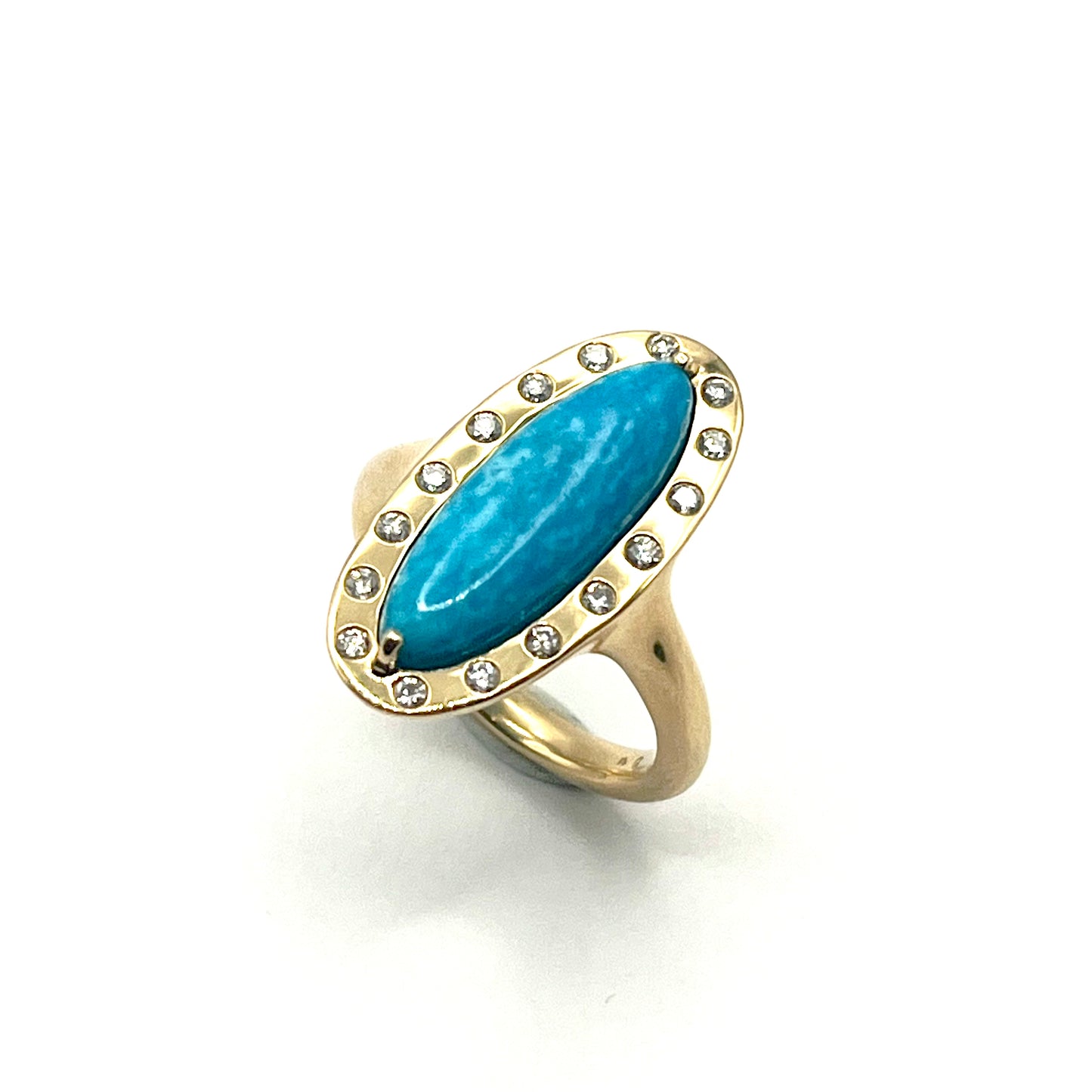 18KT Yellow Gold Arizona Turquoise Oblong Ring with White Diamond Bezel, KS290, Kanwar Singh