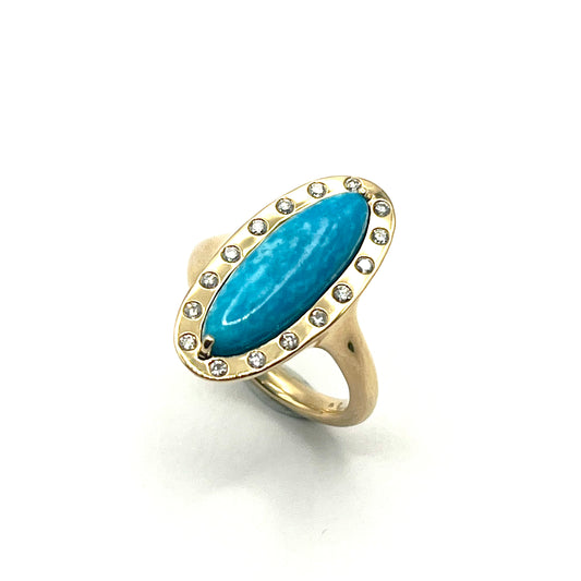 18KT Yellow Gold Arizona Turquoise Oblong Ring with White Diamond Bezel, KS290, Kanwar Singh