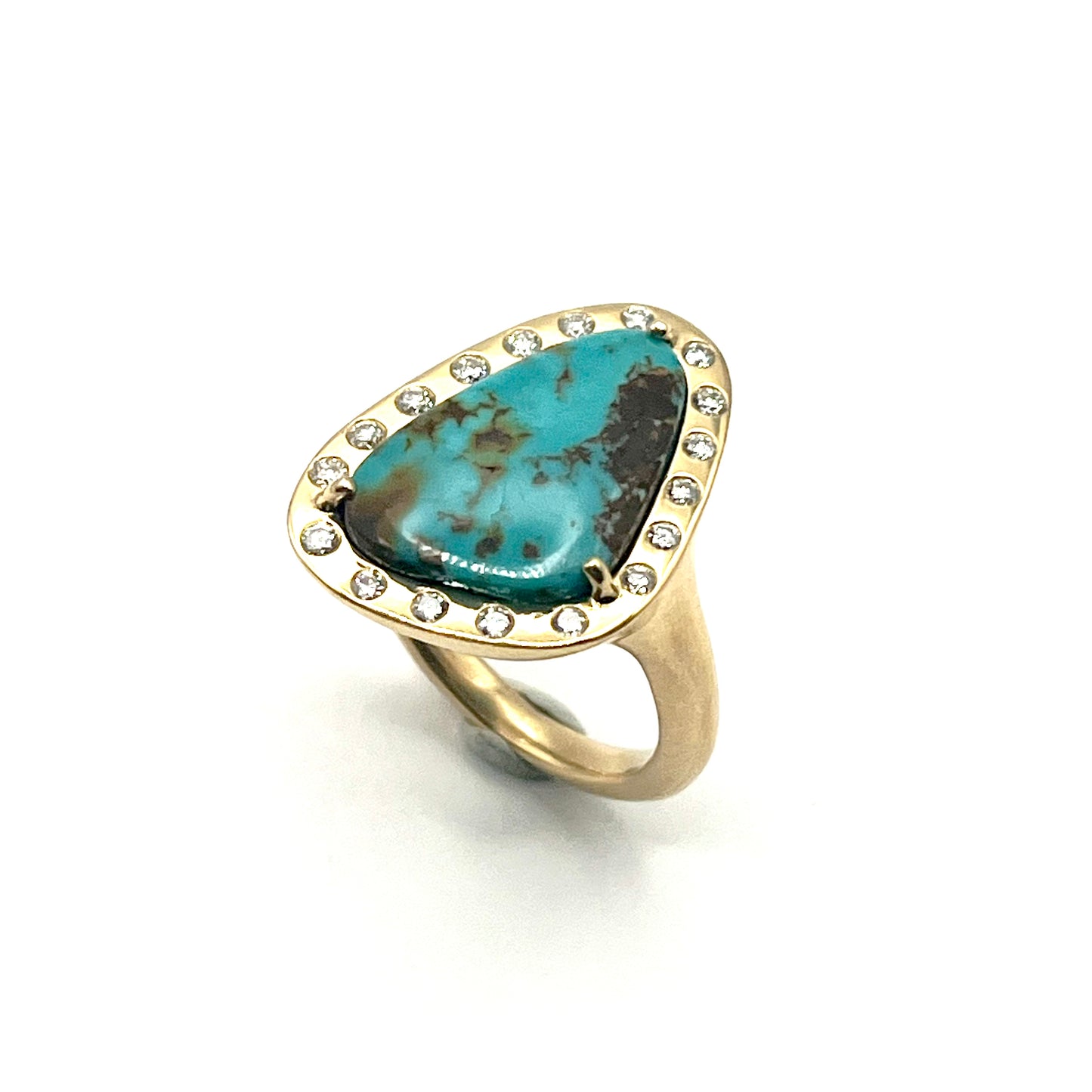18KT Yellow Gold Triangular Arizona Turquoise & White Diamond Bezel Ring, KS289, Kanwar Singh