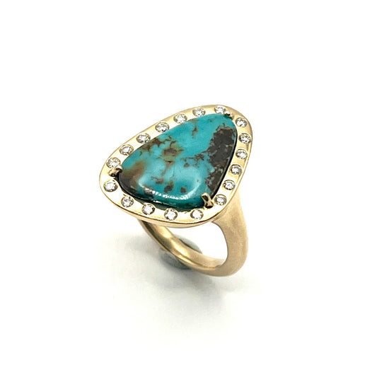 18KT Yellow Gold Triangular Arizona Turquoise & White Diamond Bezel Ring, KS289, Kanwar Singh