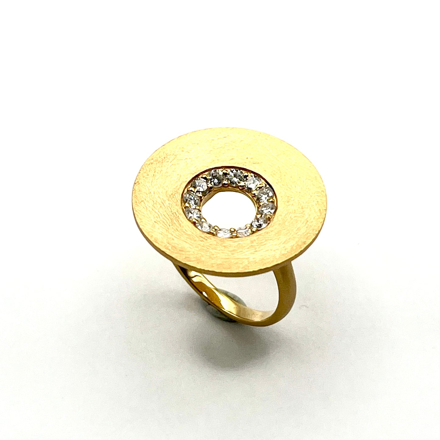 18KT Matte Yellow Gold Textured Disc Ring with Diamonds, KS294, Kanwar Singh