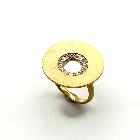 18KT Matte Yellow Gold Textured Disc Ring with Diamonds, KS294, Kanwar Singh