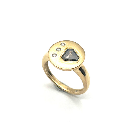 18KT Yellow Gold Champagne Diamond Ring with Matte Bezel and White Diamond Accents, KS291, Kanwar Singh