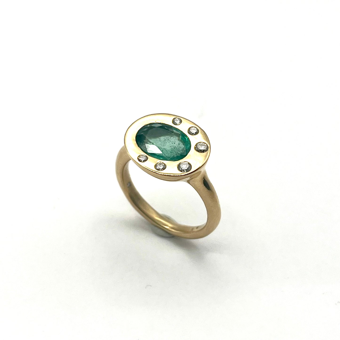 18KT Yellow Gold Emerald Bezel Ring with White Diamond Accents, KS292, Kanwar Singh
