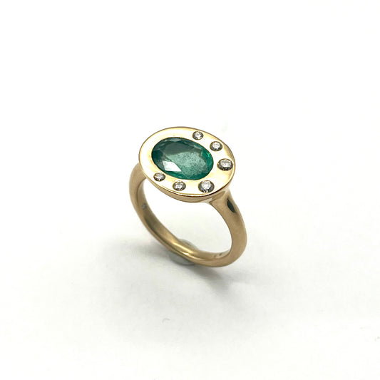 18KT Yellow Gold Emerald Bezel Ring with White Diamond Accents, KS292, Kanwar Singh