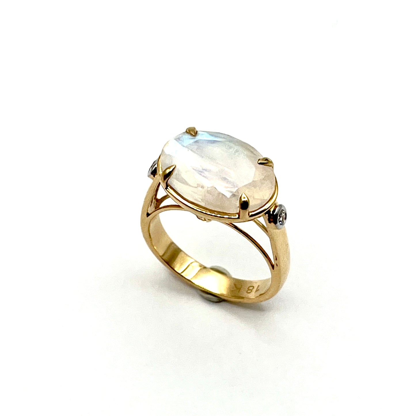 18kt Yellow Gold High-Bezel Faceted Moonstone Ring with White Diamond Accents, KS299, Kanwar Singh