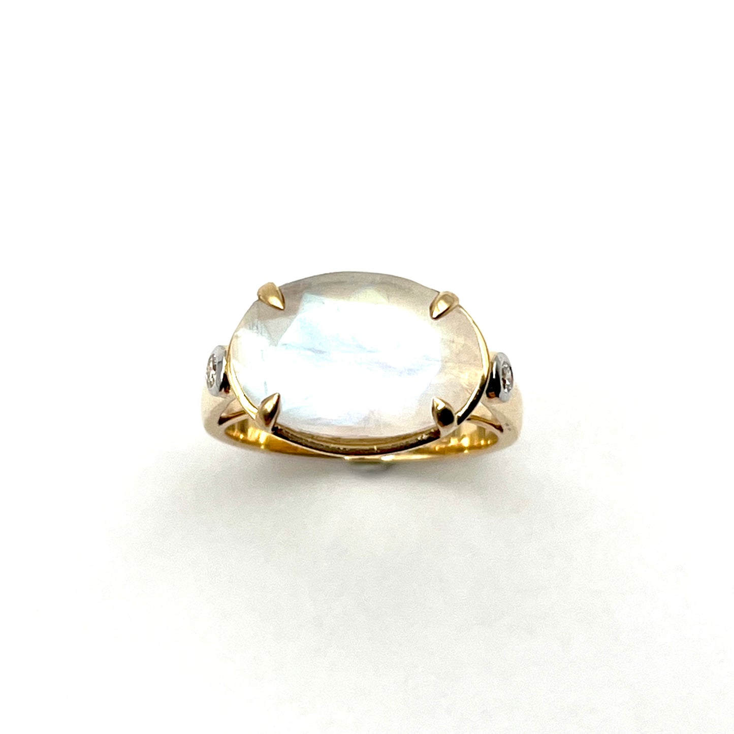 18kt Yellow Gold High-Bezel Faceted Moonstone Ring with White Diamond Accents, KS299, Kanwar Singh