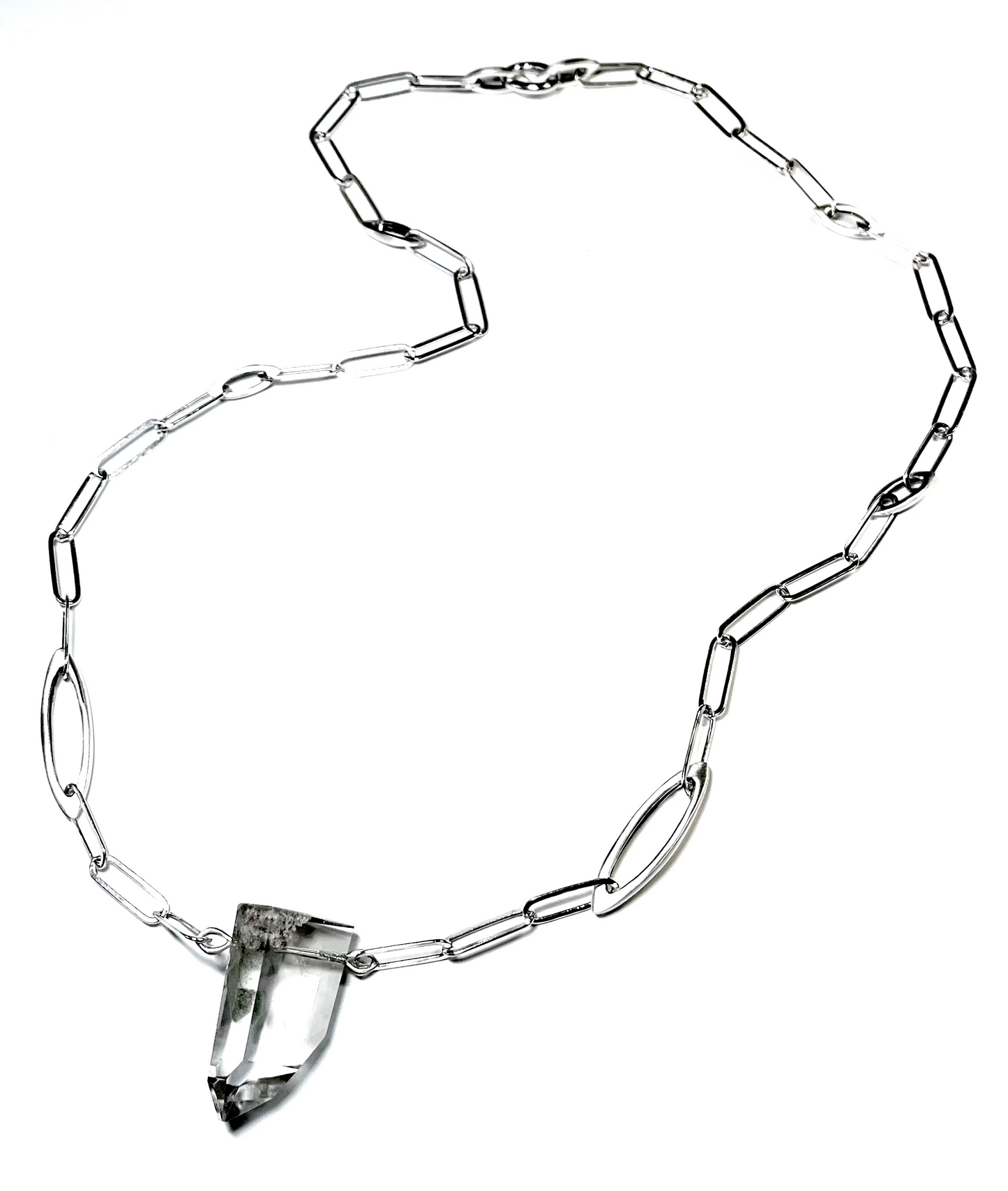 Sterling Silver Phantom Quartz Necklace with 32" Paperclip Chain, RE5719, Reba Engel