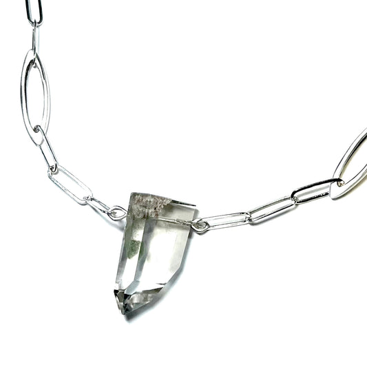 Sterling Silver Phantom Quartz Necklace with 32" Paperclip Chain, RE5719, Reba Engel