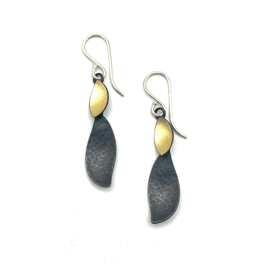 Oxidized Sterling Silver & 18kt Gold Textured Leaves Earrings, OM25-134, Owen Mclnerney