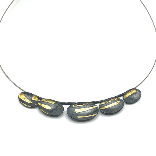 Oxidized Sterling Silver & 18kt Gold Leaf Accents Pendant Necklace, OM25-241, Owen Mclnerney