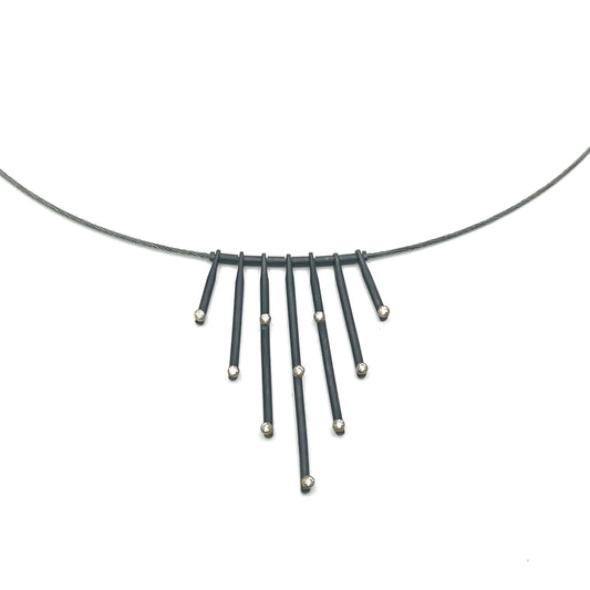 Oxidized Sterling Silver & 18kt Diamonds Necklace, 18'' Steel Cable, OM25-236, Owen Mclnerney