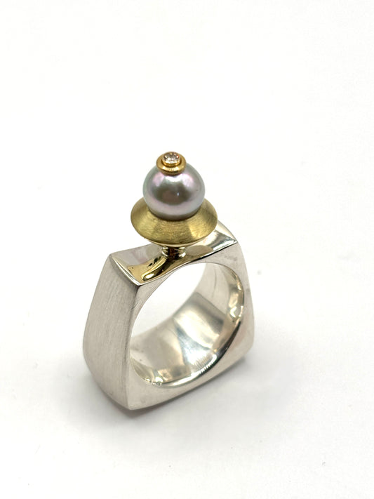 Sterling Silver & 18K Gold Custom Bezel Ring with Pearl and Diamond, Julie Harris