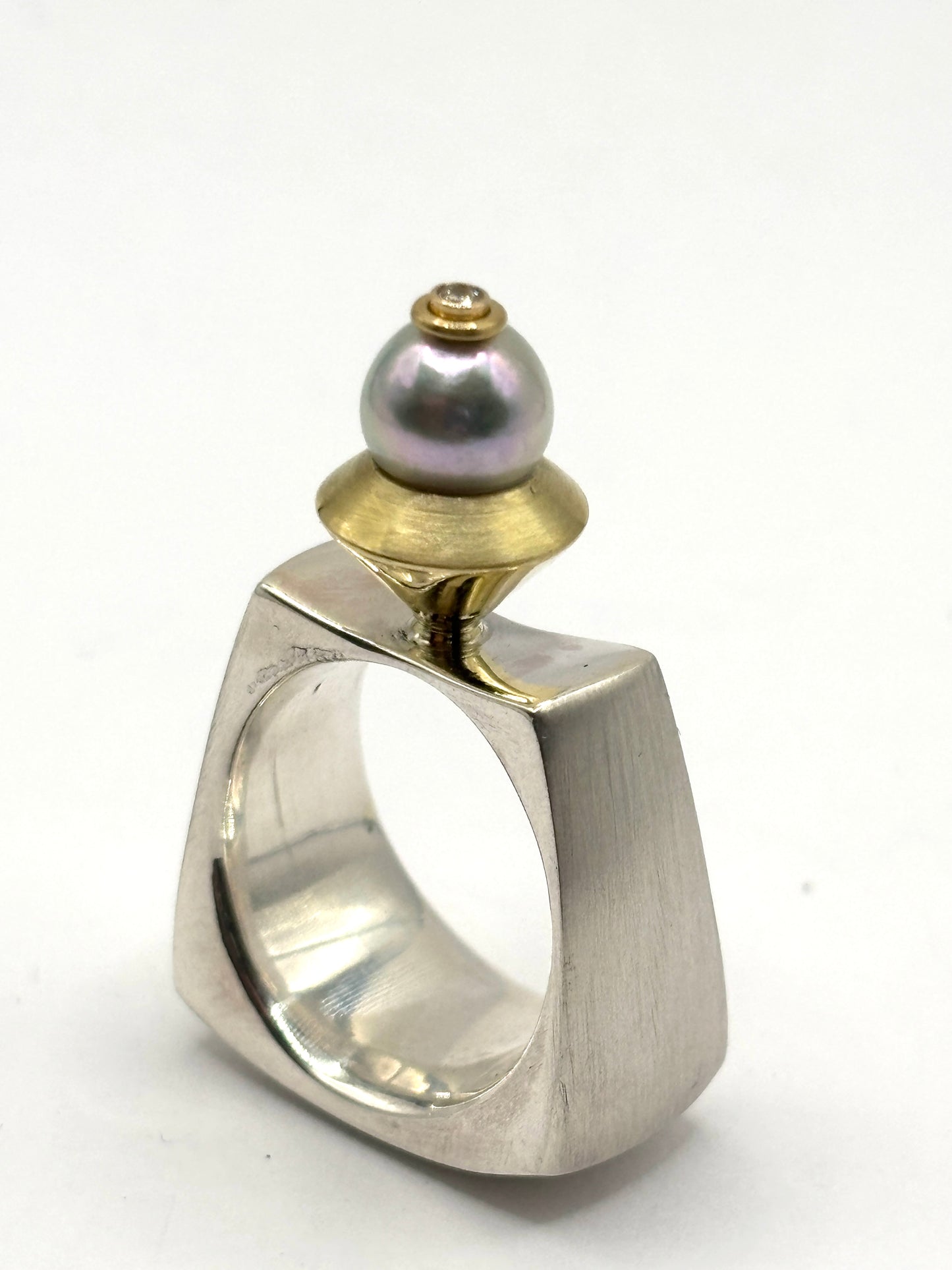 Sterling Silver & 18K Gold Custom Bezel Ring with Pearl and Diamond, Julie Harris