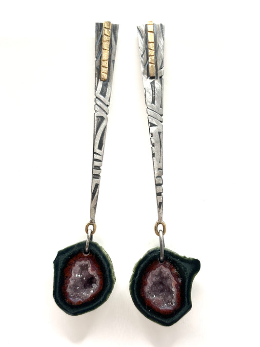 18K Gold & Oxidized Silver Earrings with Geode, Julie Harris
