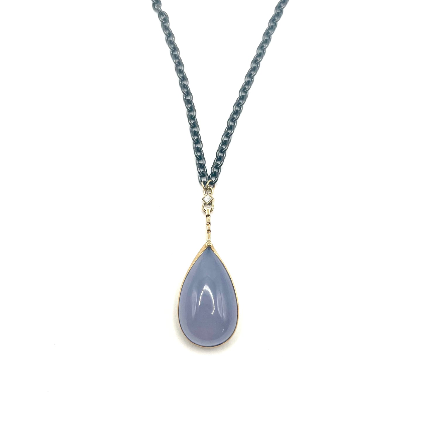 Pendant with 22K Gold Bezel, 18K Gold Accents, Diamond, and Large Blue Chalcedony Oval, Julie Harris