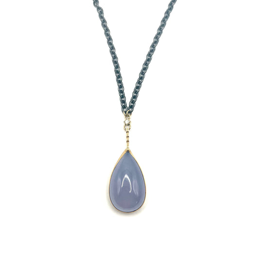 Pendant with 22K Gold Bezel, 18K Gold Accents, Diamond, and Large Blue Chalcedony Oval, Julie Harris