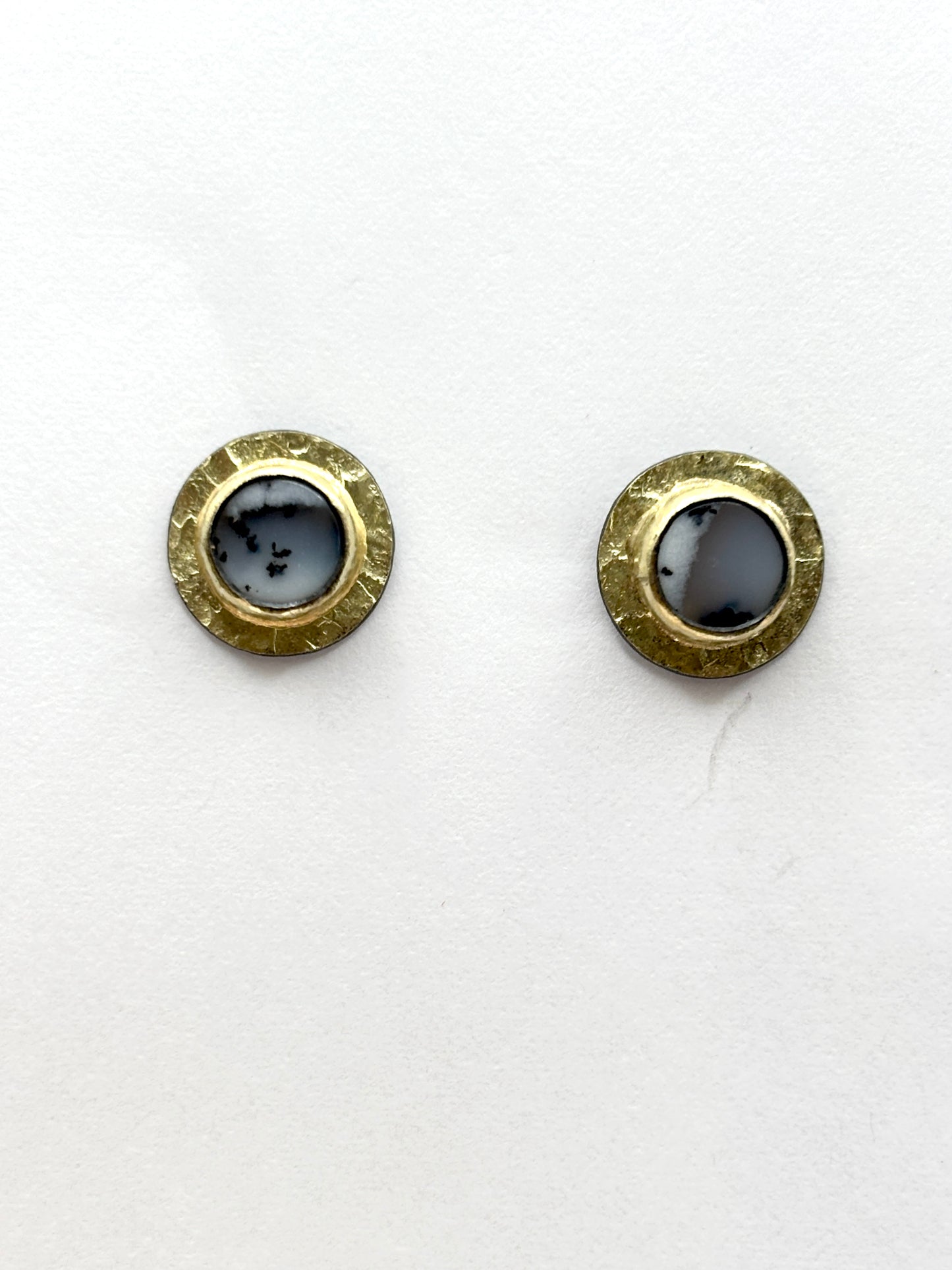 OOAK Hammered Border Bezel Post Earrings, oxss+ 22k+ dendritic opal, HG254, Heather Guidero