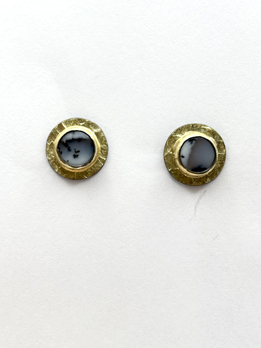 OOAK Hammered Border Bezel Post Earrings, oxss+ 22k+ dendritic opal, HG254, Heather Guidero