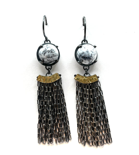 OOAK prong set dendritic opal/arch fringe Earrings, oxss + 22k, HG256, Heather Guidero