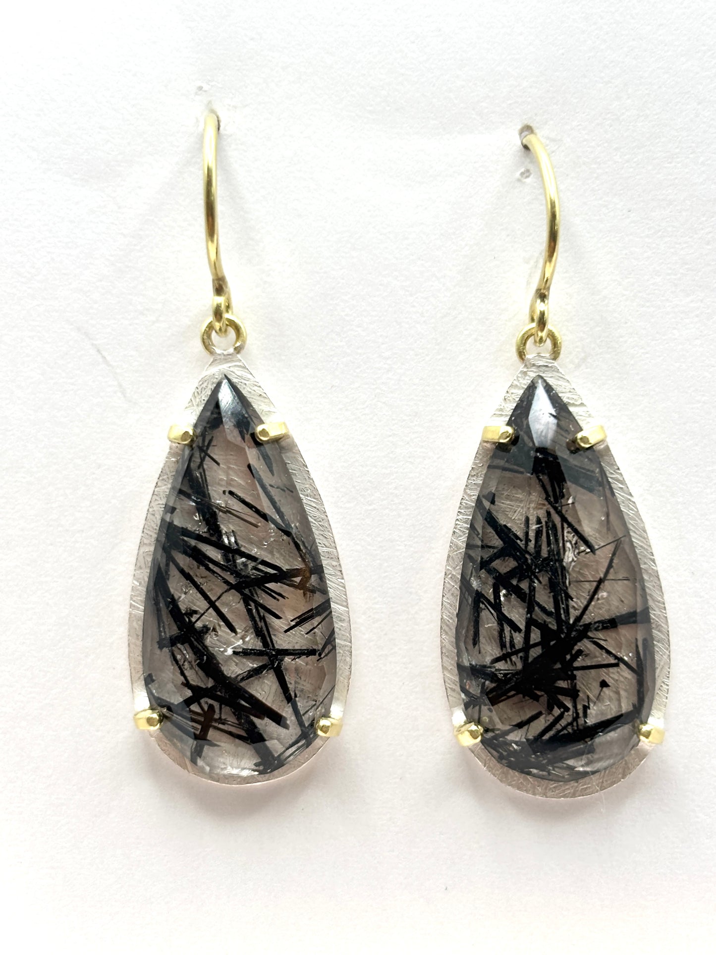 OOAK prong set teardrop tourmalated quartz ER, ss + 18k, HG258, Heather Guidero