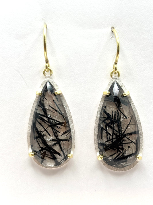 OOAK prong set teardrop tourmalated quartz ER, ss + 18k, HG258, Heather Guidero