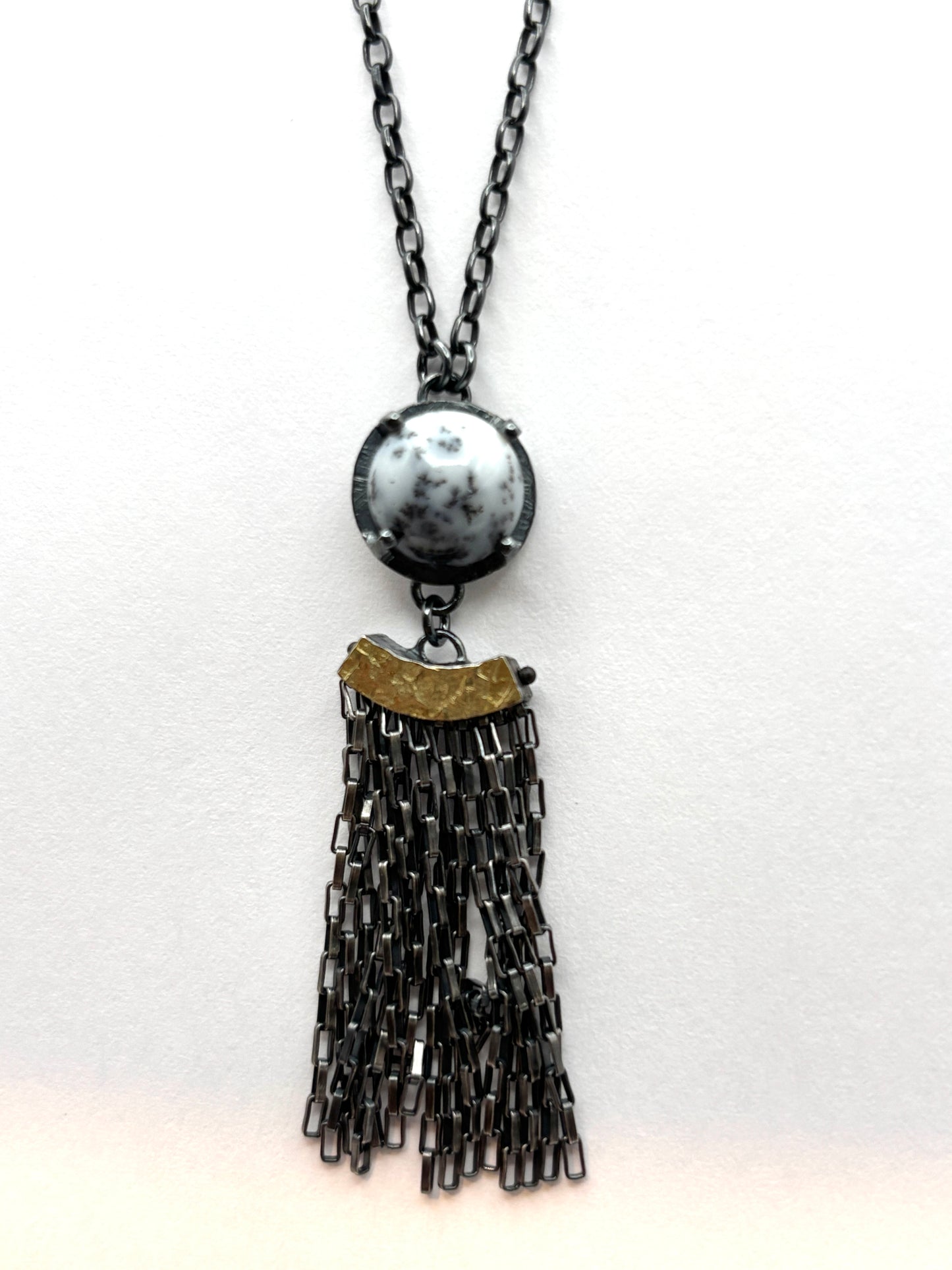 OOAK prong set dendrite agate arch fringe necklace ox ss 22kt