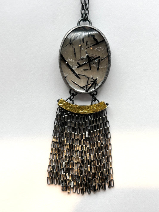 OX SS 22kt OOAK Bezel Set Tourmaline Quartz Oval Arch Fringe Necklace, HG2513, Heather Guidero