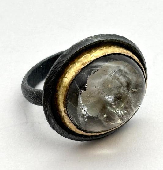 Oxidized Sterling Silver & 22K Gold Bimetal Ring with Bezel-Border Horizontal Oval Quartz and Marcasite, HG2517, Heather Guidero