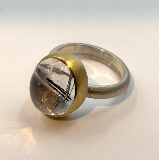 Oxidized Sterling Silver Ring with Vertical Oval Tourmalated Quartz, HG 2518, Heather Guidero