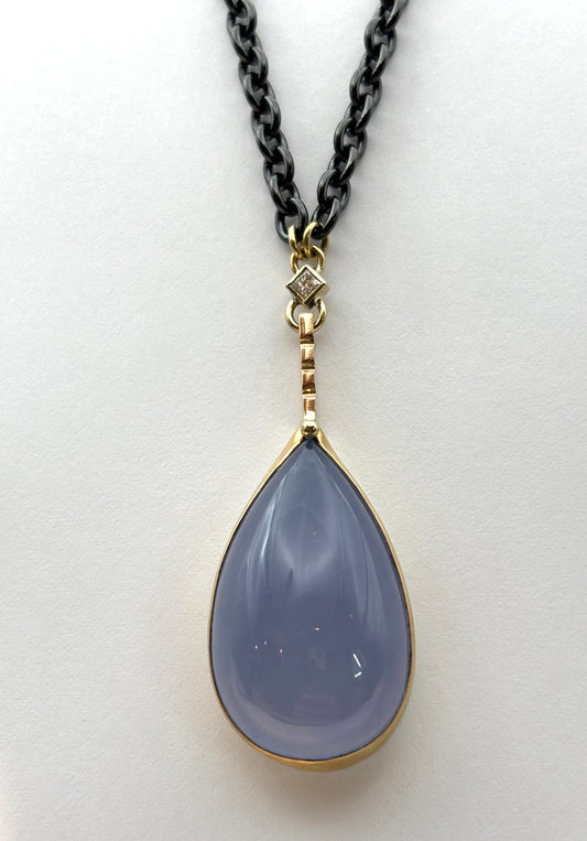 Pendant with 22K Gold Bezel, 18K Gold Accents, Diamond, and Large Blue Chalcedony Oval, Julie Harris