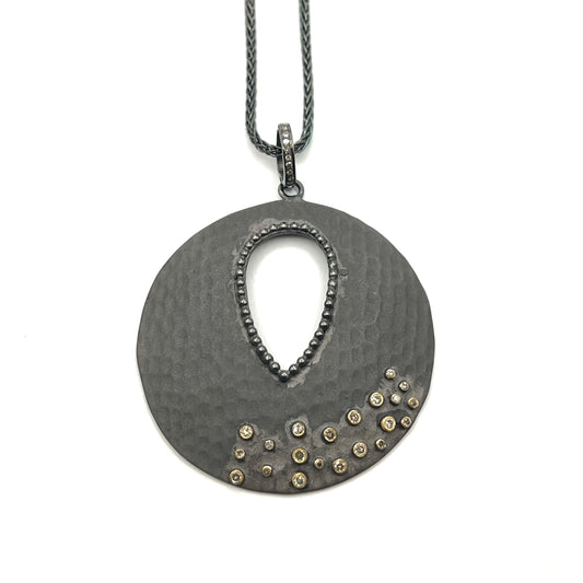 22kt Gold Bezel-Set Diamond Cluster & Textured Oxidized Sterling Silver Round Pendant Necklace