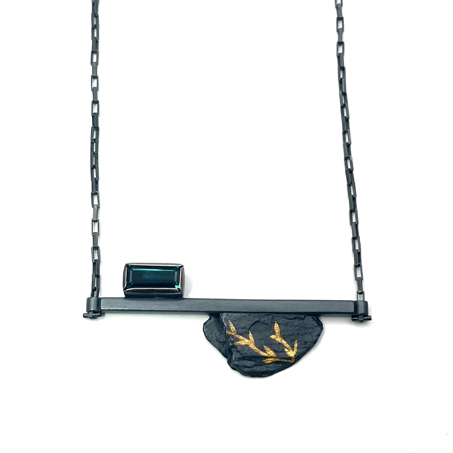 Sterling Silver Fossil Bar with Indicolite Tourmaline Necklace, LM0079, Lisa Mueller
