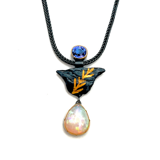 24kt, 14kt & Sterling Silver Prismatic Drop Pendant Necklace with tanzanite & Welo opal, LM0077, Lisa Mueller,