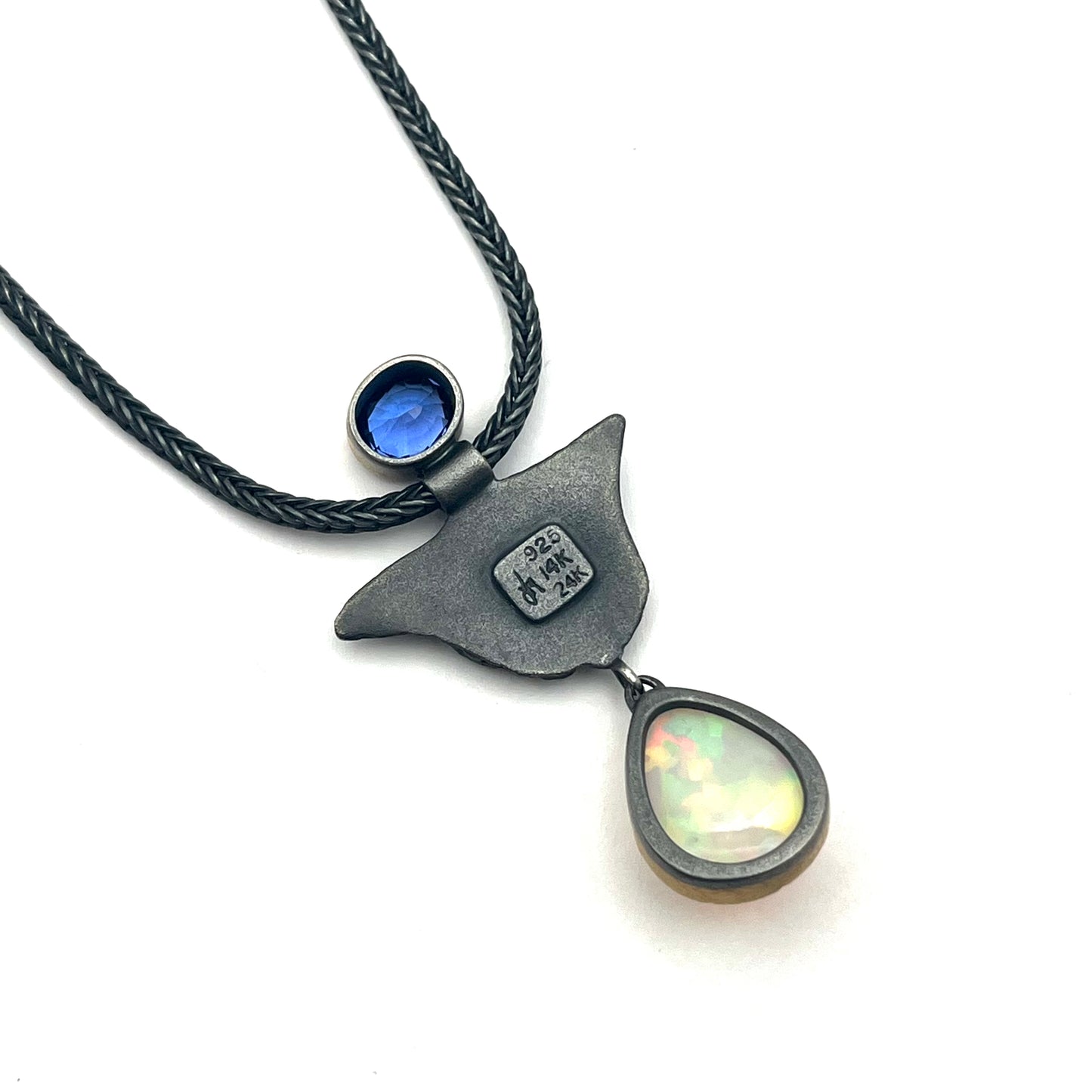 24kt, 14kt & Sterling Silver Prismatic Drop Pendant Necklace with tanzanite & Welo opal, LM0077, Lisa Mueller,