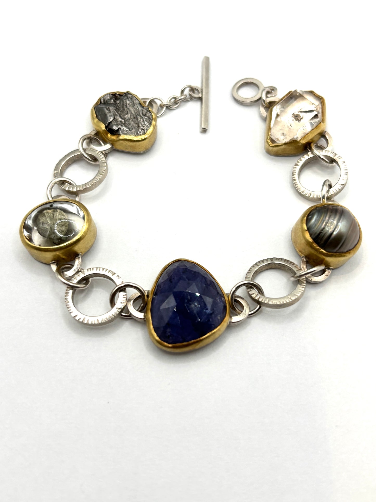 22Kt. & Sterling silver Bracelet SW26200 With Iolite,Quarz with marcasite,pearl,meteorite,quartz crystal