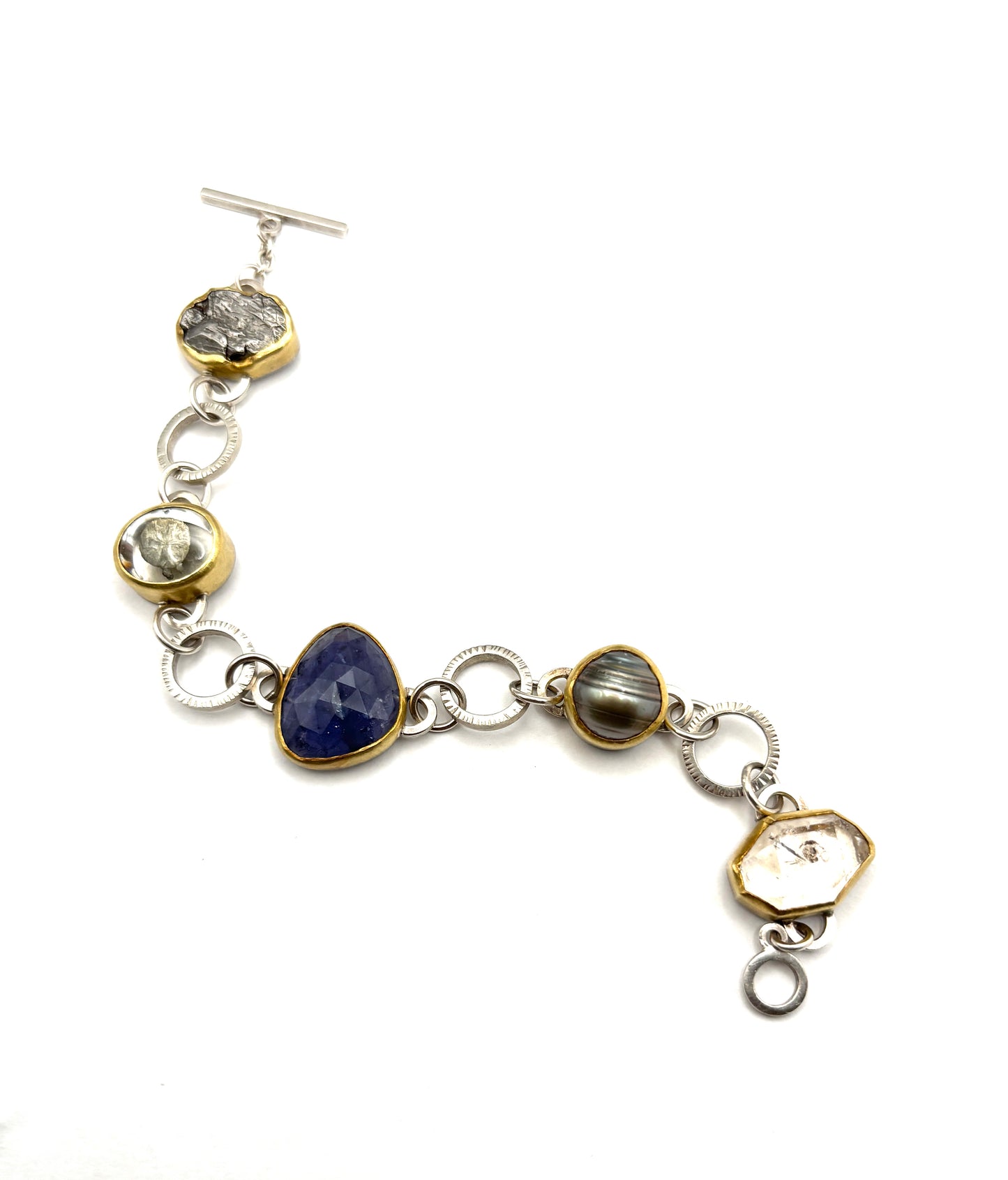 22Kt. & Sterling silver Bracelet SW26200 With Iolite,Quarz with marcasite,pearl,meteorite,quartz crystal