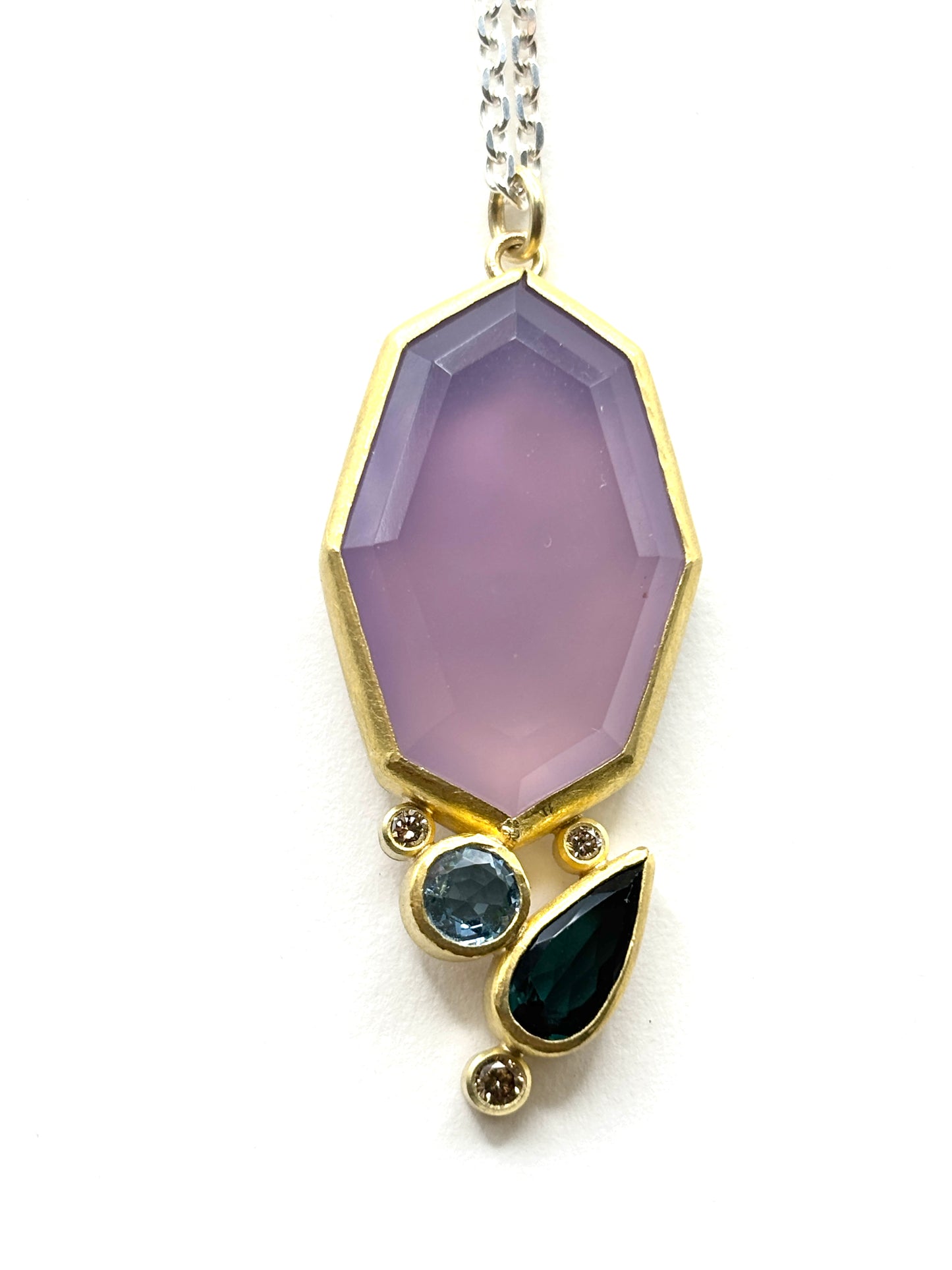 22kt & 18kt Gold, Sterling Silver, Purple Chalcedony, Green Tourmaline, Aqua, and Diamond Cluster Pendant, SW26202, Sam Woehermann