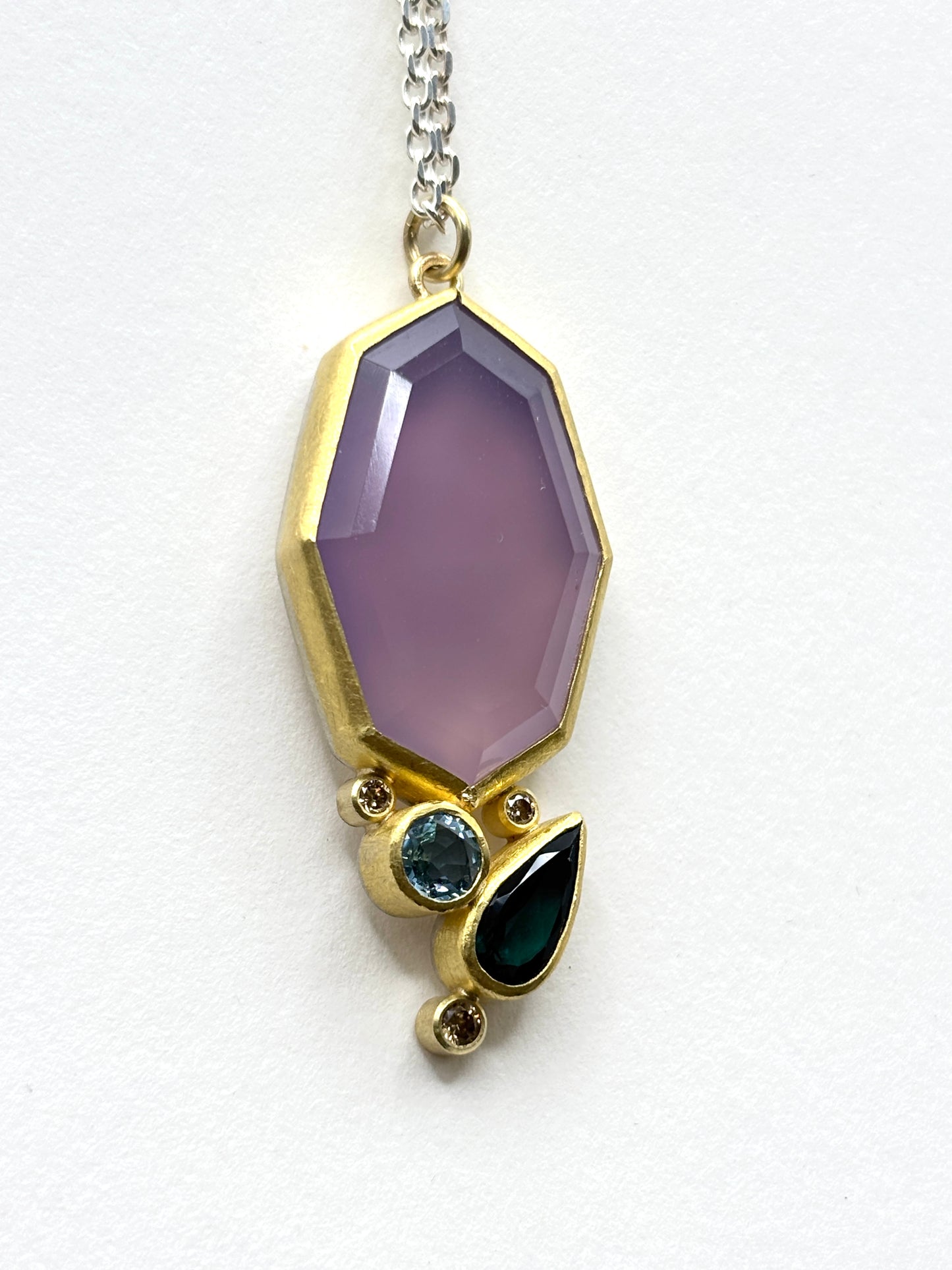 22kt & 18kt Gold, Sterling Silver, Purple Chalcedony, Green Tourmaline, Aqua, and Diamond Cluster Pendant, SW26202, Sam Woehermann