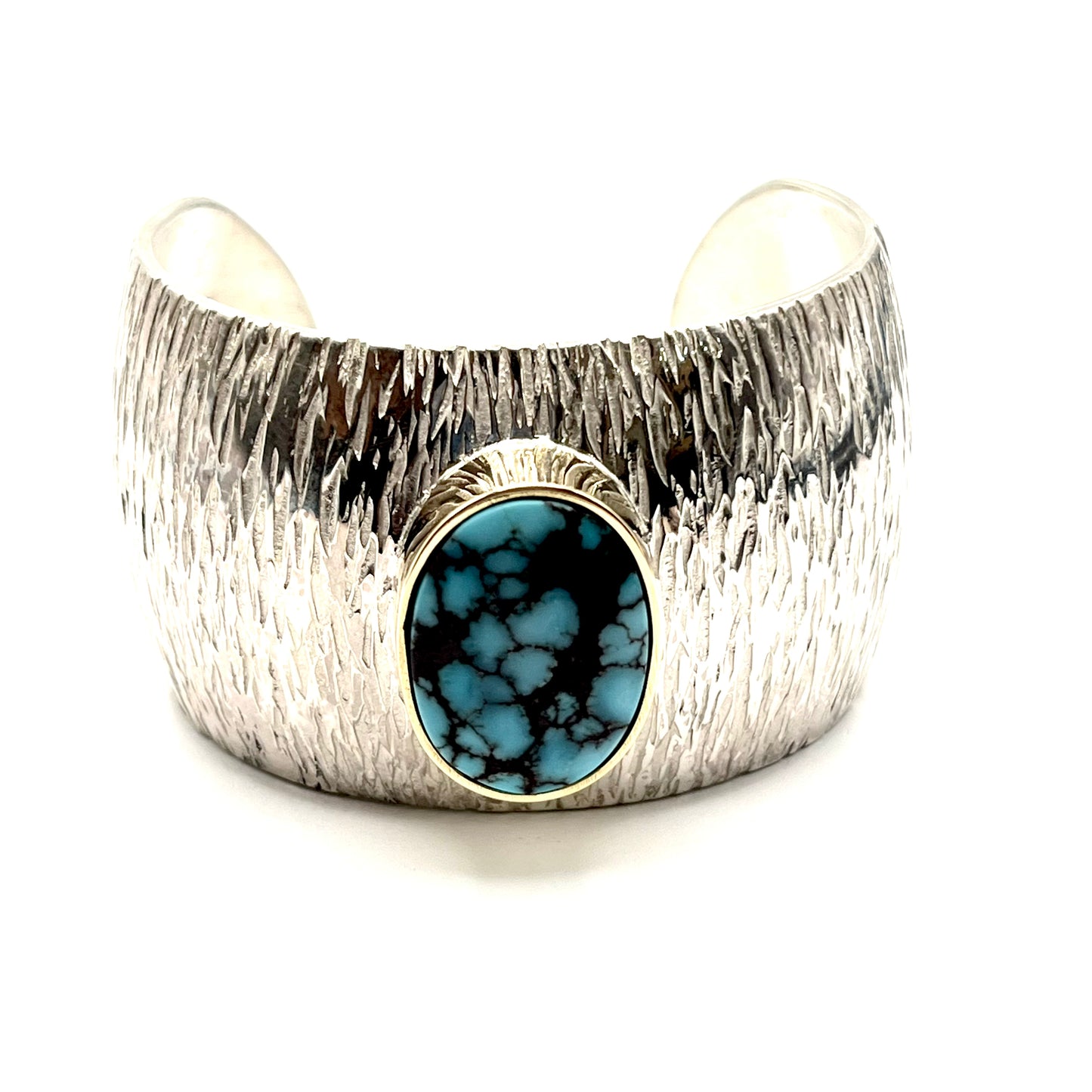 18kt Gold Bezel Set Turquoise Sterling Silver Cuff Bracelet, CS03, Christopher Shaw